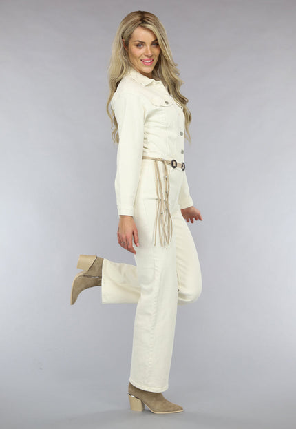 Redial Jeans Longsleeve Straight Leg Jeans Jumpsuit in Crème