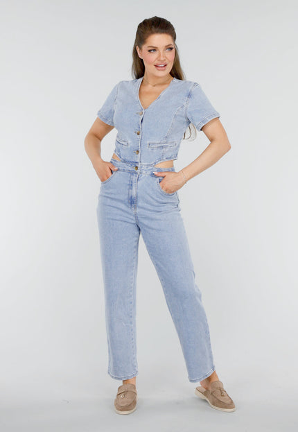 Redial Jeans Petite Denim Jumpsuit met Cut-outs en Knopen