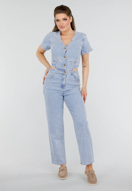 Redial Jeans Petite Denim Jumpsuit met Cut-outs en Knopen