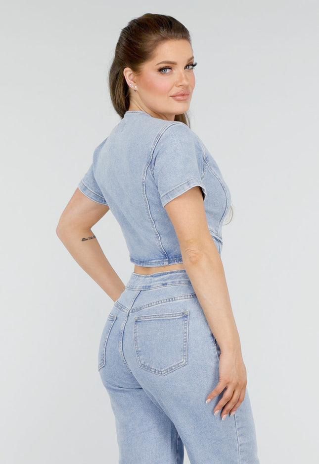 Redial Jeans Petite Denim Jumpsuit met Cut-outs en Knopen