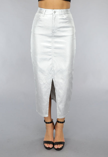 Redial Jeans Zilveren Metallic Midi Rok met Split