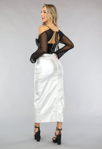 Redial Jeans Zilveren Metallic Midi Rok met Split