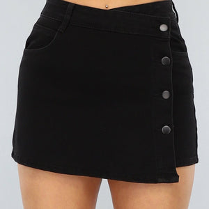 Redial Jeans Zwarte Denim Overslag Skort met Knoopjes