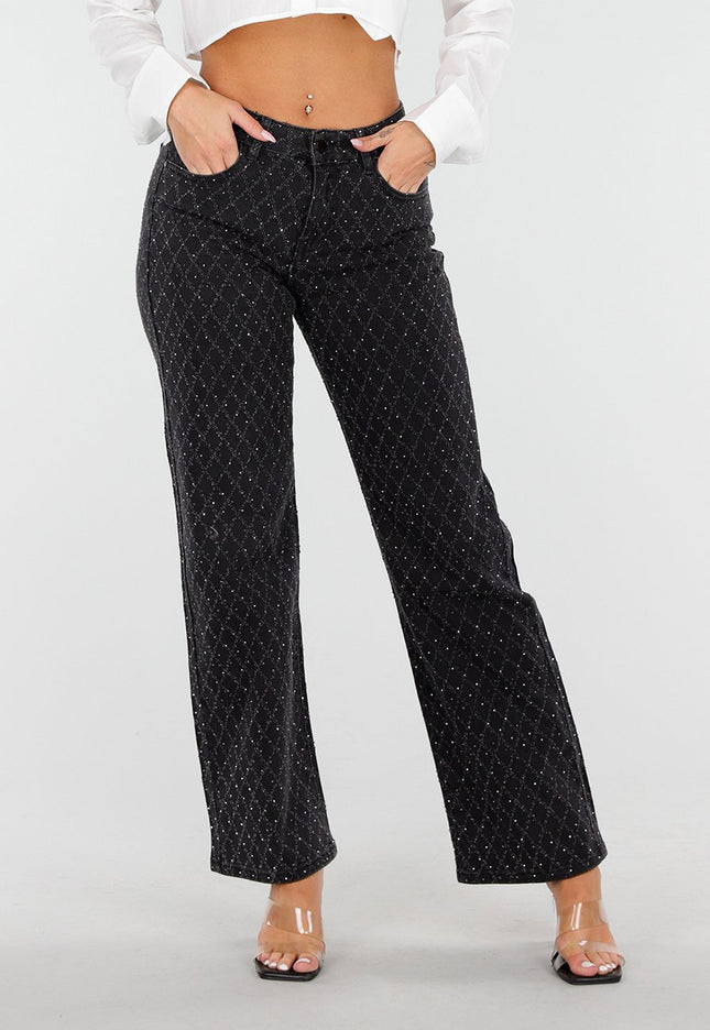 OP=OP.50.NL Zwarte Glitter Straight Stretch Jeans