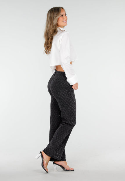 OP=OP.50.NL Zwarte Glitter Straight Stretch Jeans