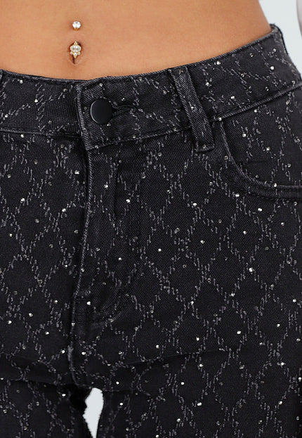 OP=OP.50.NL Zwarte Glitter Straight Stretch Jeans