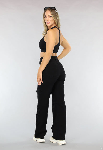 Redial Jeans Zwarte Straight Leg Cargo Broek met Hoge Taille