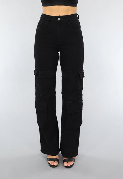 Redial Jeans Zwarte Straight Leg Cargo Broek met Hoge Taille