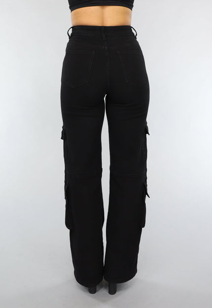 Redial Jeans Zwarte Straight Leg Cargo Broek met Hoge Taille