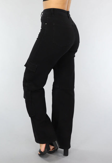 Redial Jeans Zwarte Straight Leg Cargo Broek met Hoge Taille