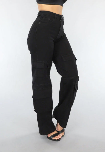 Redial Jeans Zwarte Straight Leg Cargo Broek met Hoge Taille