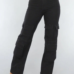 Redial Jeans Zwarte Straight Leg Cargo Broek met Hoge Taille