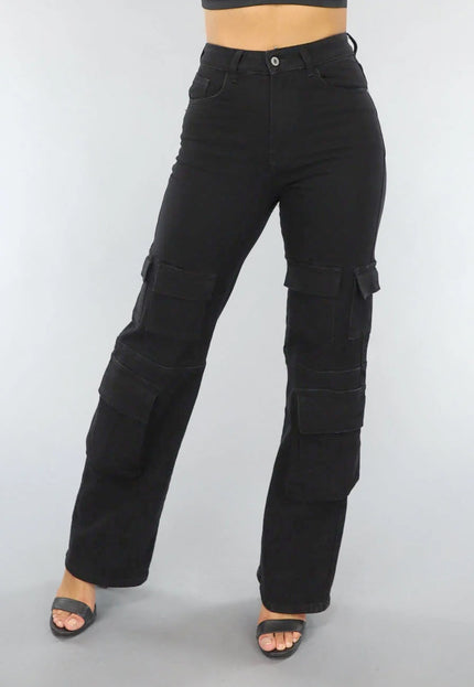 Redial Jeans Zwarte Straight Leg Cargo Broek met Hoge Taille
