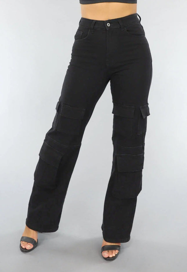 Redial Jeans Zwarte Straight Leg Cargo Broek met Hoge Taille