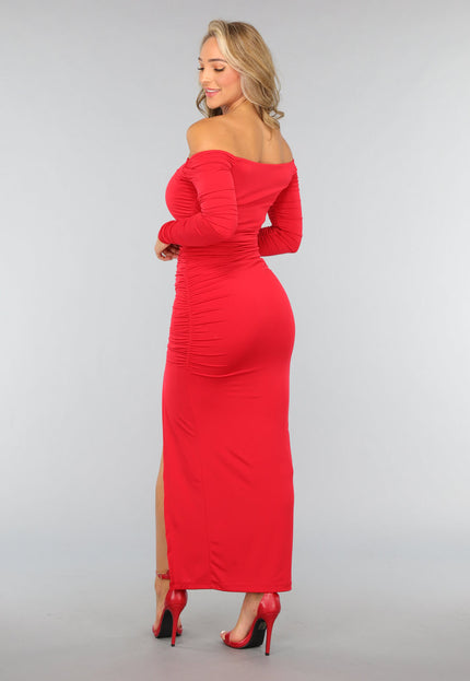 OP=OP.07.NL Rode Geplooide Lange Jurk met Split