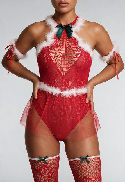 Rode Kerst Lingerie Bodysuit met Fluffy Details
