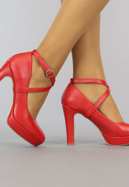 Rode Lederlook Pumps met Enkelbandje