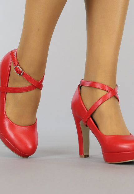 Rode Lederlook Pumps met Enkelbandje