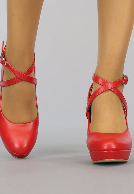 Rode Lederlook Pumps met Enkelbandje
