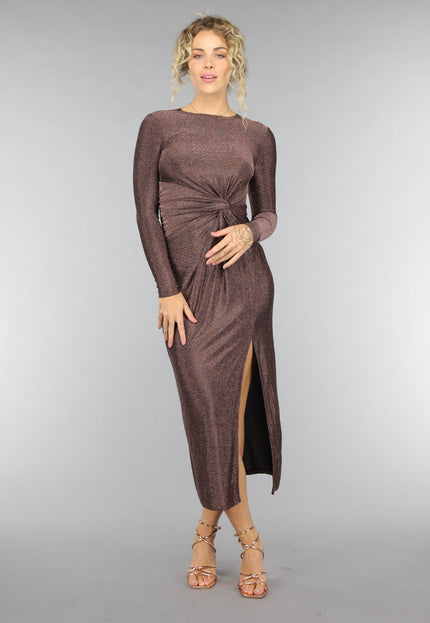 OP=OP.AV.12 Rosé Gouden Jurk met Hoge Hals en Twist