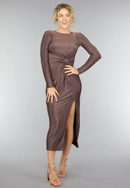 OP=OP.AV.12 Rosé Gouden Jurk met Hoge Hals en Twist