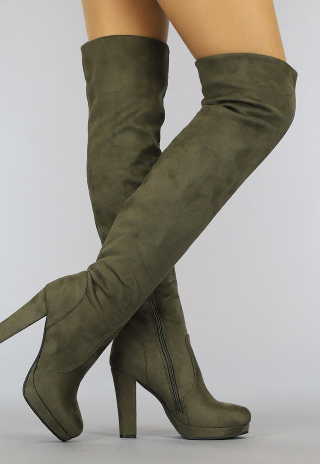 SALE Suède-Look Overknee Laarzen met Hak Kaki
