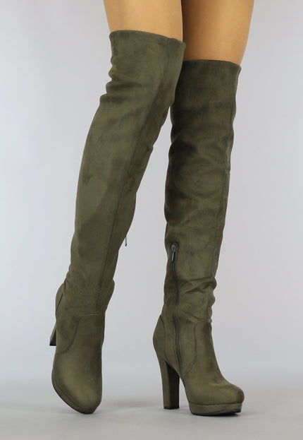 SALE Suède-Look Overknee Laarzen met Hak Kaki