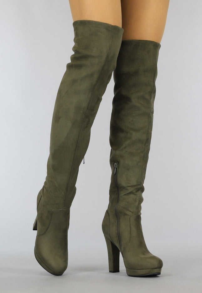SALE Suède-Look Overknee Laarzen met Hak Kaki