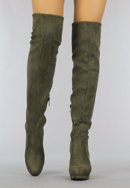 SALE Suède-Look Overknee Laarzen met Hak Kaki