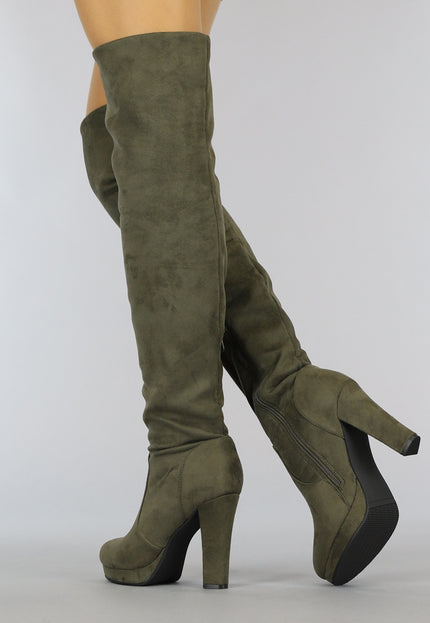 SALE Suède-Look Overknee Laarzen met Hak Kaki