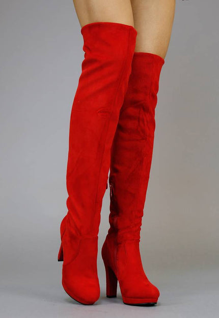 SALE Suède-Look Overknee Laarzen met Hak Rood