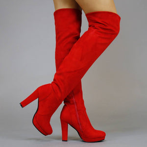 SALE Suède-Look Overknee Laarzen met Hak Rood