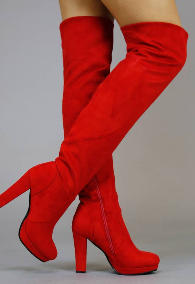 SALE Suède-Look Overknee Laarzen met Hak Rood
