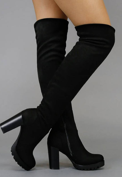 SALE Zwarte Blokhak Suède-Look Overknee Laarzen