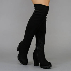 SALE Zwarte Blokhak Suède-Look Overknee Laarzen