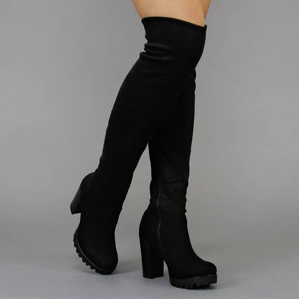 SALE Zwarte Blokhak Suède-Look Overknee Laarzen