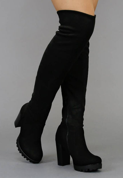 SALE Zwarte Blokhak Suède-Look Overknee Laarzen