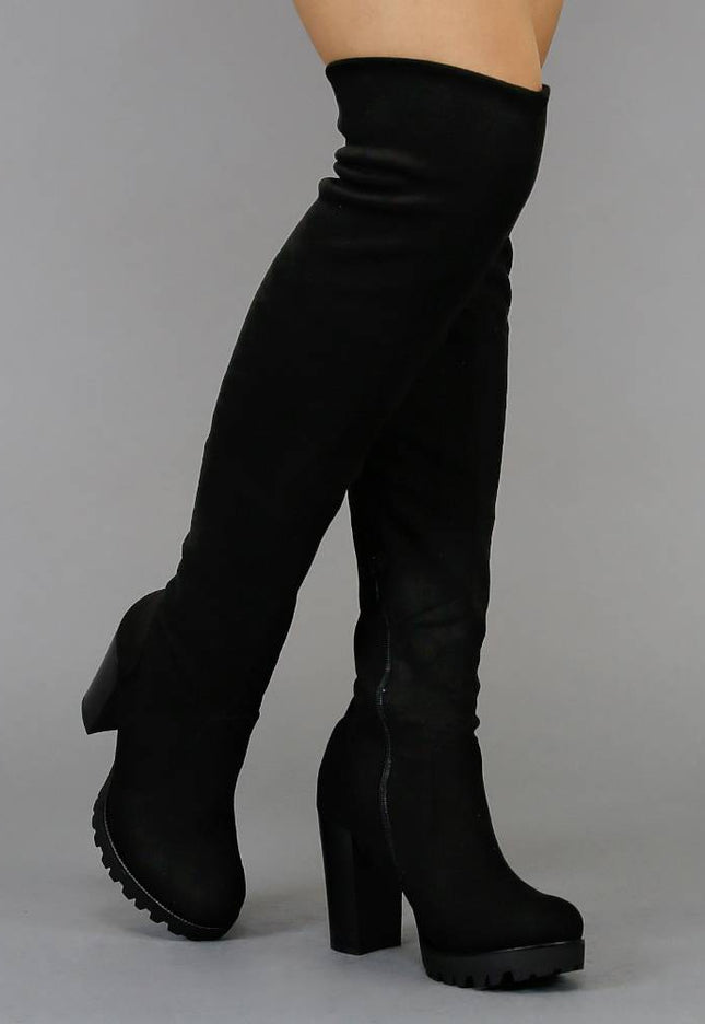 SALE Zwarte Blokhak Suède-Look Overknee Laarzen