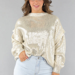SALE30 Beige Gebreide Trui met Zilveren Coating