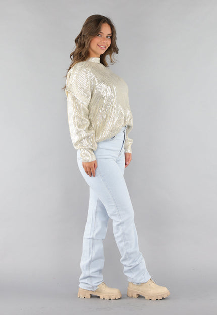 SALE30 Beige Gebreide Trui met Zilveren Coating