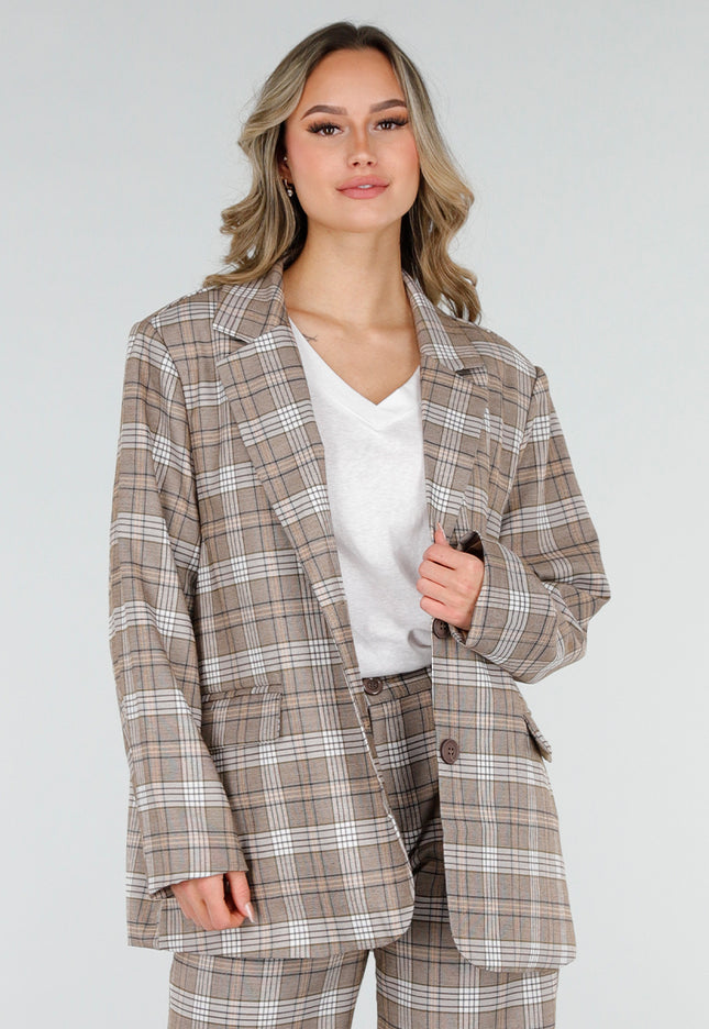 SALE30 Beige Geruite Blazer met Schoudervullingen