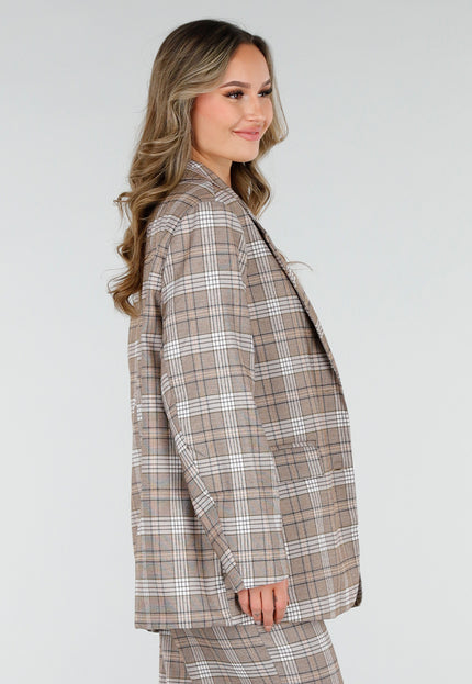 SALE30 Beige Geruite Blazer met Schoudervullingen