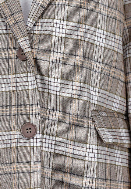 SALE30 Beige Geruite Blazer met Schoudervullingen