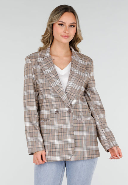 SALE30 Beige Geruite Blazer met Schoudervullingen