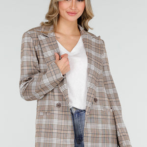 SALE30 Beige Geruite Blazer met Schoudervullingen
