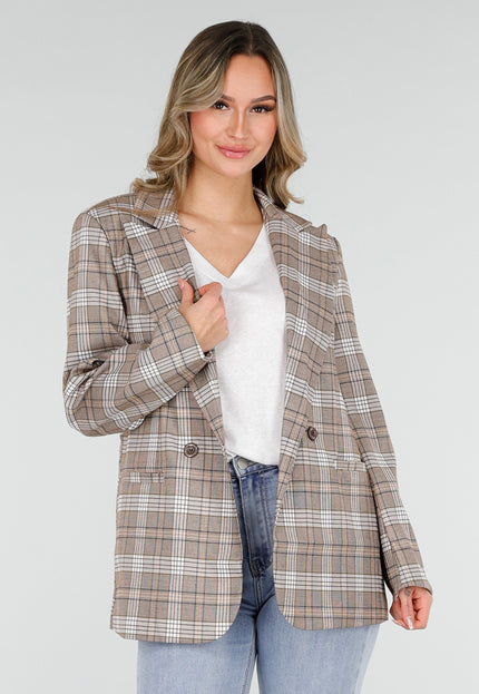 SALE30 Beige Geruite Blazer met Schoudervullingen