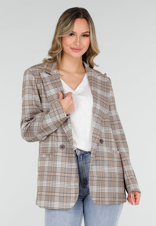 SALE30 Beige Geruite Blazer met Schoudervullingen