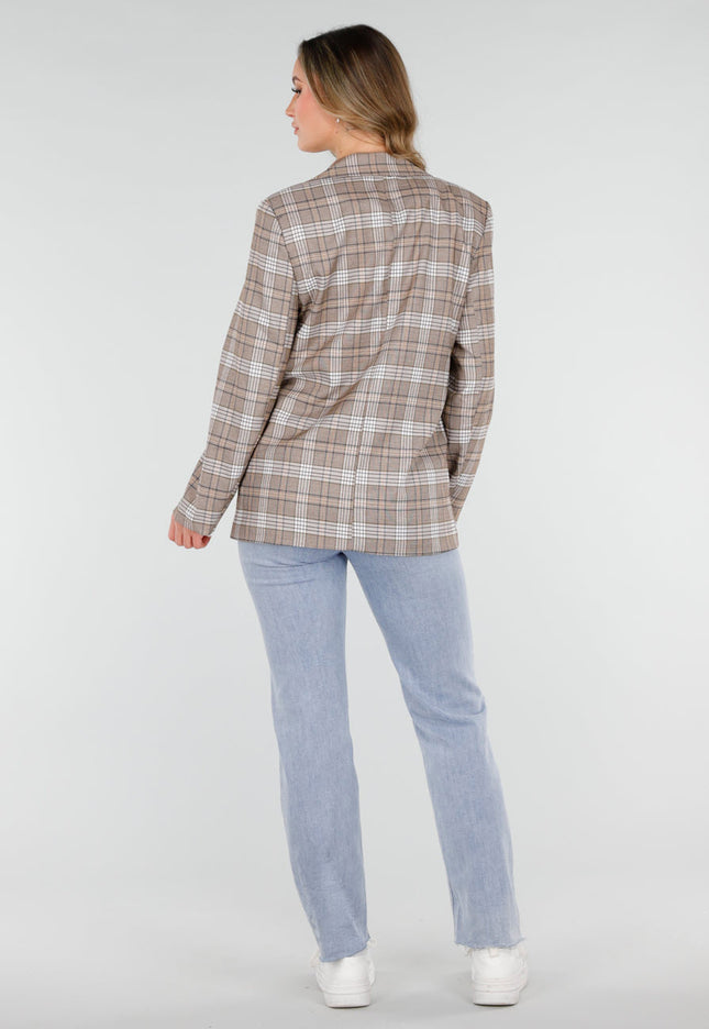 SALE30 Beige Geruite Blazer met Schoudervullingen