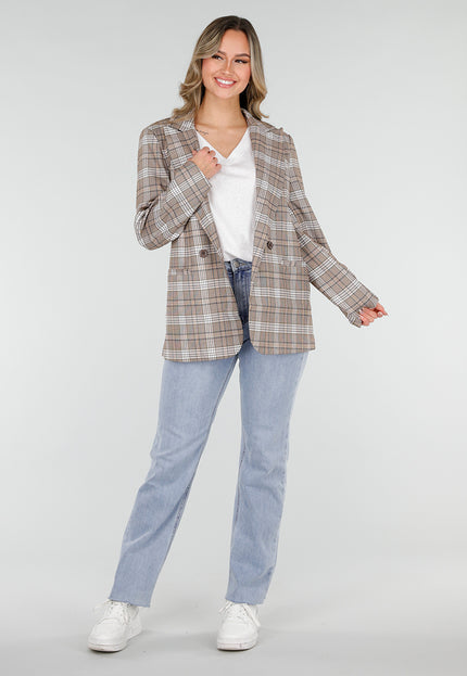 SALE30 Beige Geruite Blazer met Schoudervullingen