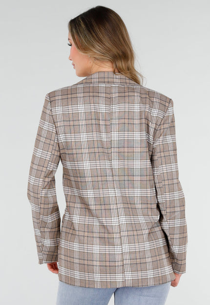 SALE30 Beige Geruite Blazer met Schoudervullingen